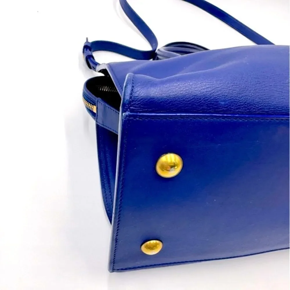 Auth Saint Laurent Small Classic Ligne Y Blue Leather Paris Chyc Cabas Tote 2way